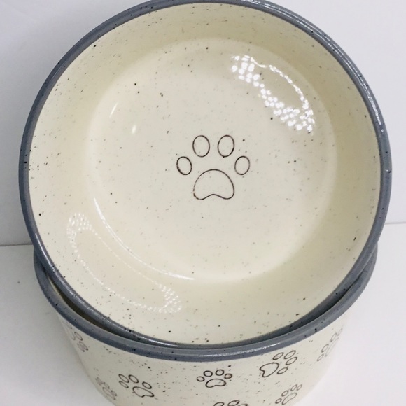 2 Pet Bowl Cat Kitten PAWS Food Water Dish Bowl Pacifica Pottery Gray New - Picture 3 of 6